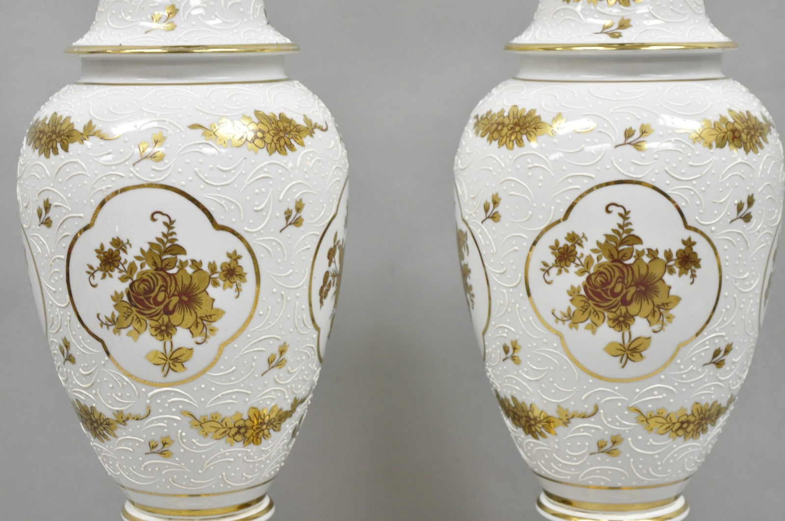 Vintage French Louis XV White Porcelain Ginger Jar Gold Flower Table Lamps Pair