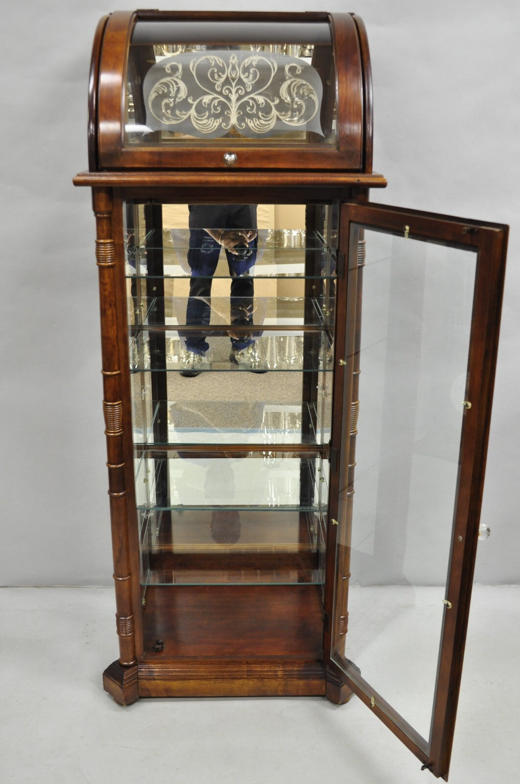 Victorian Style Cherry Wood Curved Glass Lighted Narrow Curio Display Cabinet