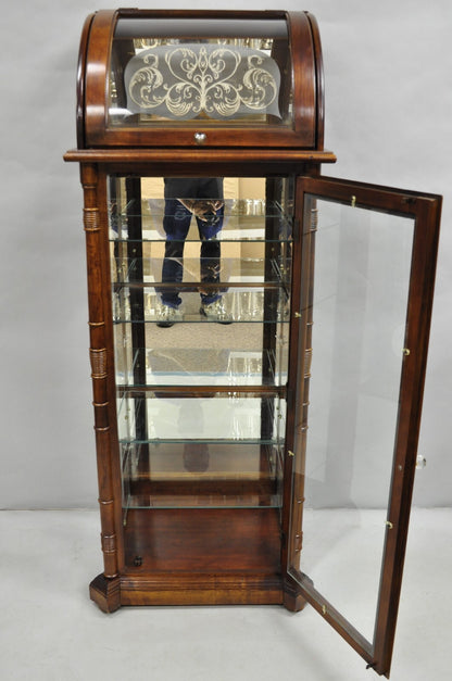 Victorian Style Cherry Wood Curved Glass Lighted Narrow Curio Display Cabinet