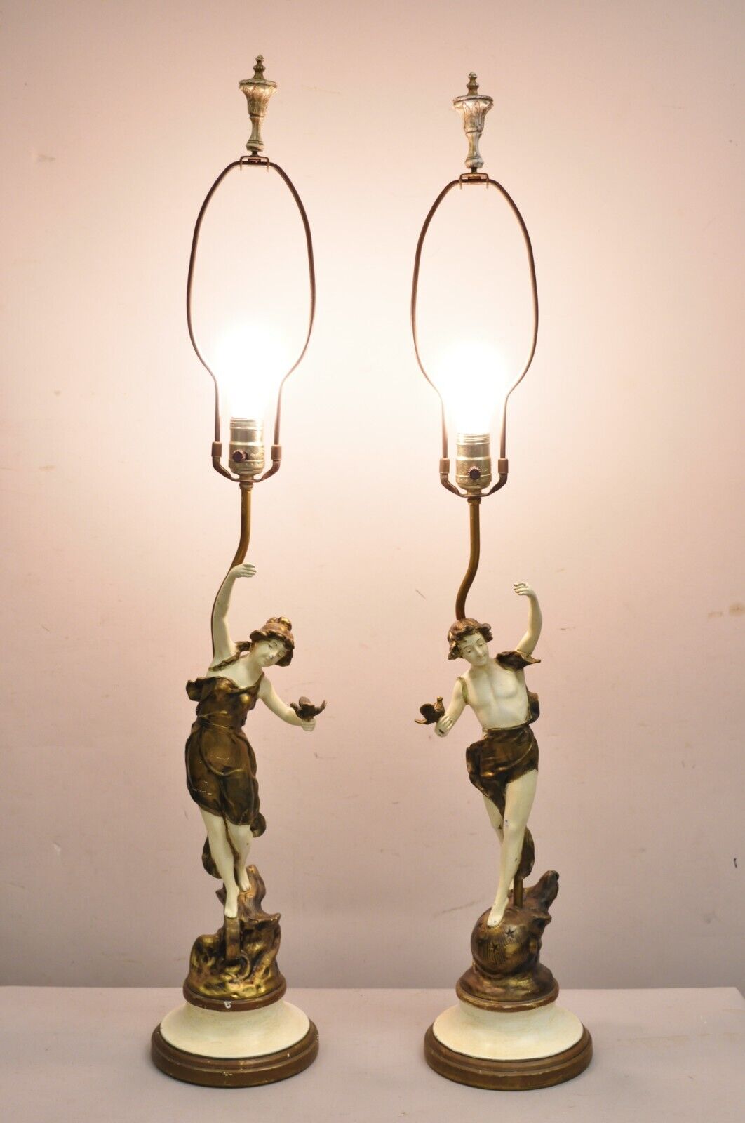 Antique French Victorian Figural Metal Man and Woman Moreau Table Lamps - a Pair