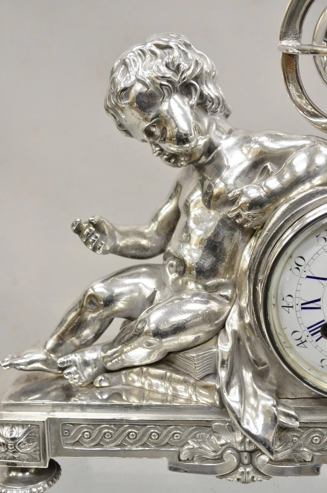 French Louis XV M Franjus Raison & Boyer Silver Plated Bronze Putto Mantel Clock