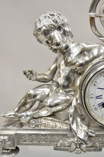 French Louis XV M Franjus Raison & Boyer Silver Plated Bronze Putto Mantel Clock