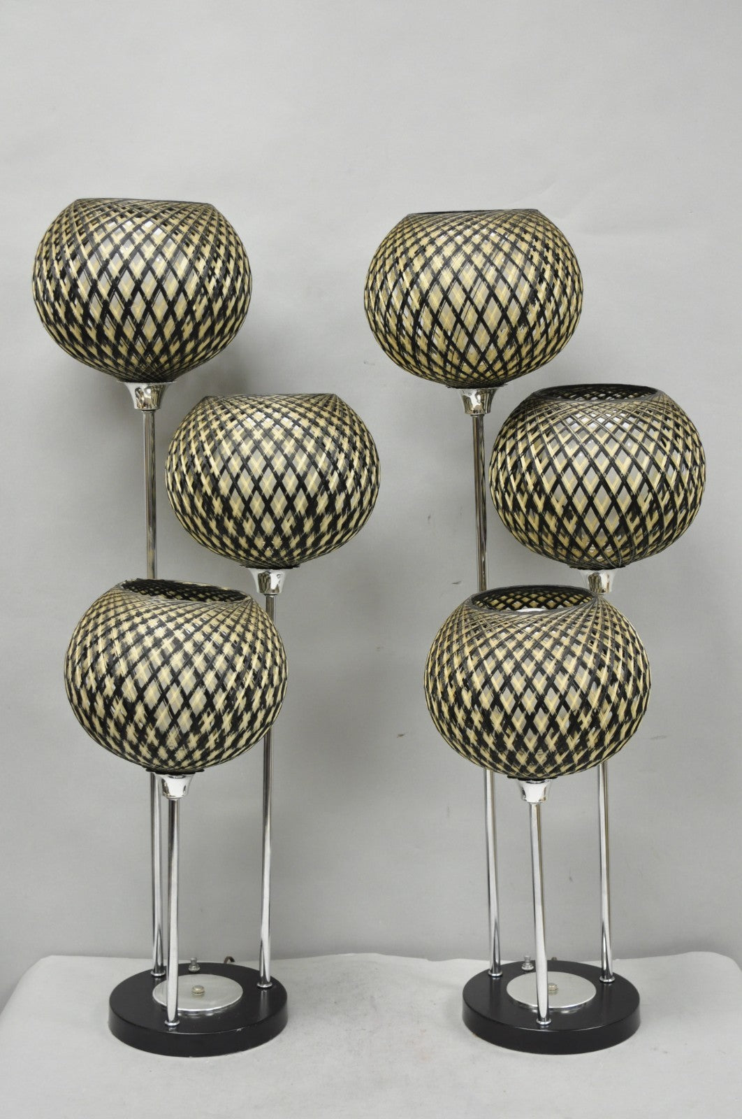 Vintage Mid Century Modern Woven Spun Fiberglass Triple Shade Table Lamp - Pair