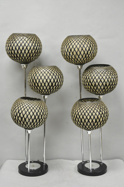Vintage Mid Century Modern Woven Spun Fiberglass Triple Shade Table Lamp - Pair