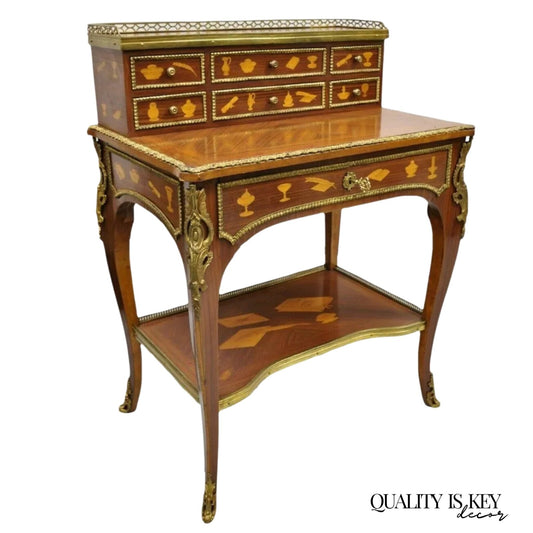 Vintage French Louis XV Style Marquetry Inlay Bronze Ormolu Small Writing Desk