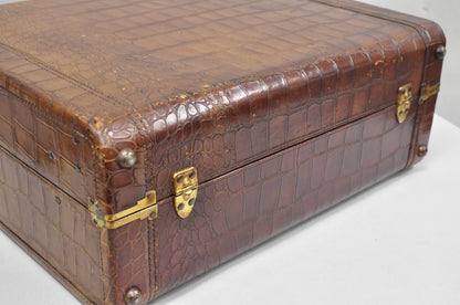 Vintage Art Deco Brown Leather Faux Crocodile Hard Case Suitcase Luggage