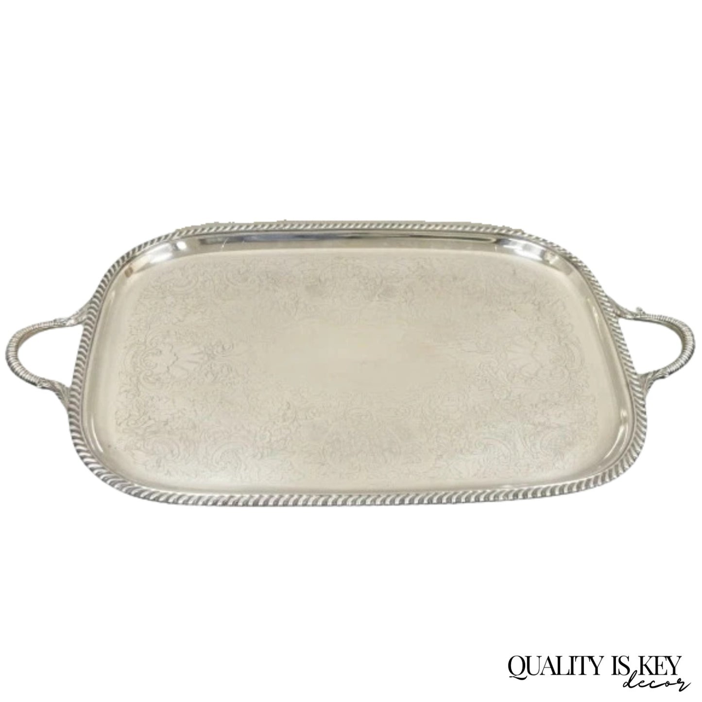 Vintage Victorian EPC Silver Plated Etched Twin Handle Serving Platter Bar Tray