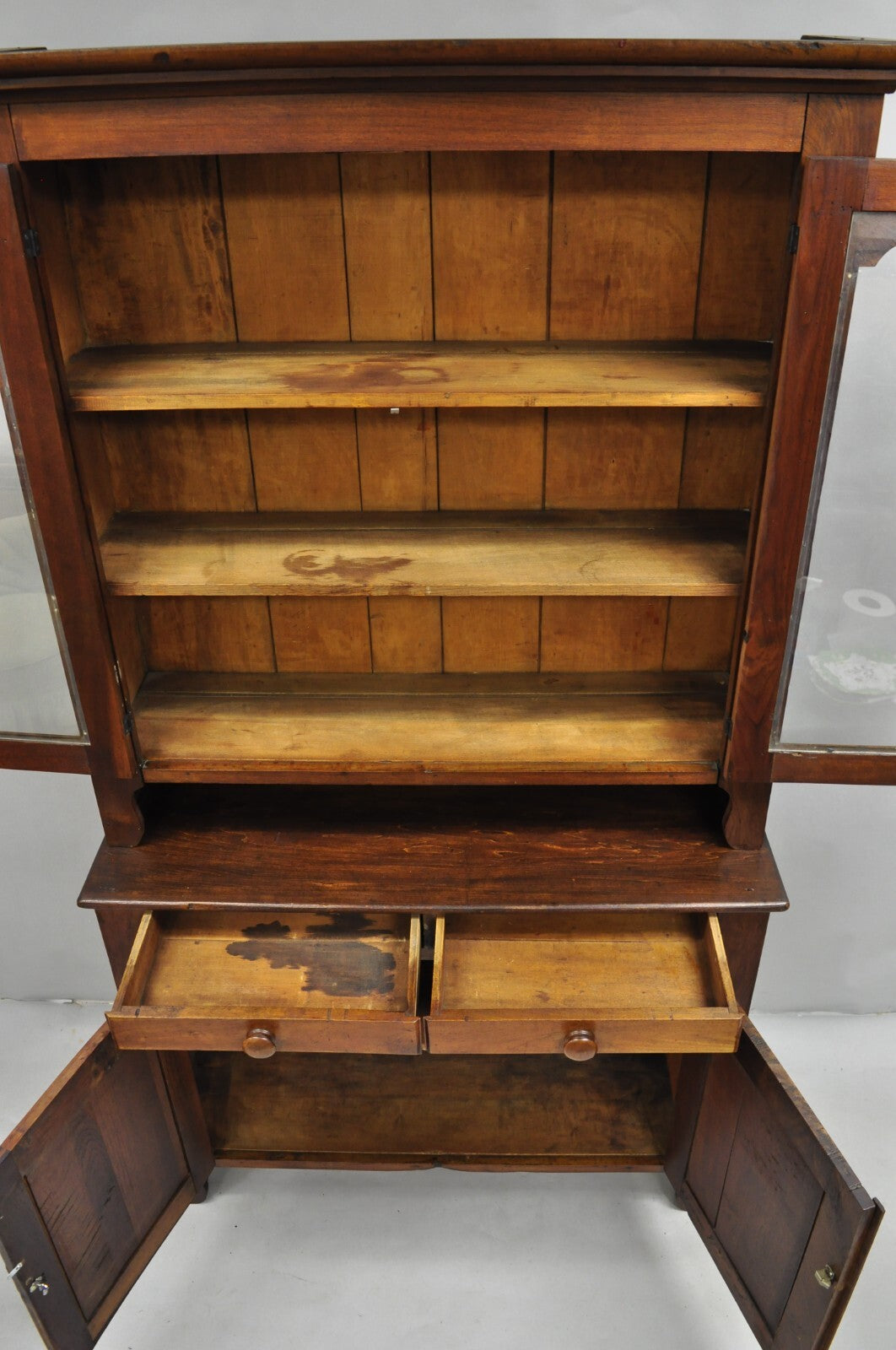Antique Primitive Country Farmhouse Pine & Cherry Hutch Cupboard China Cabinet
