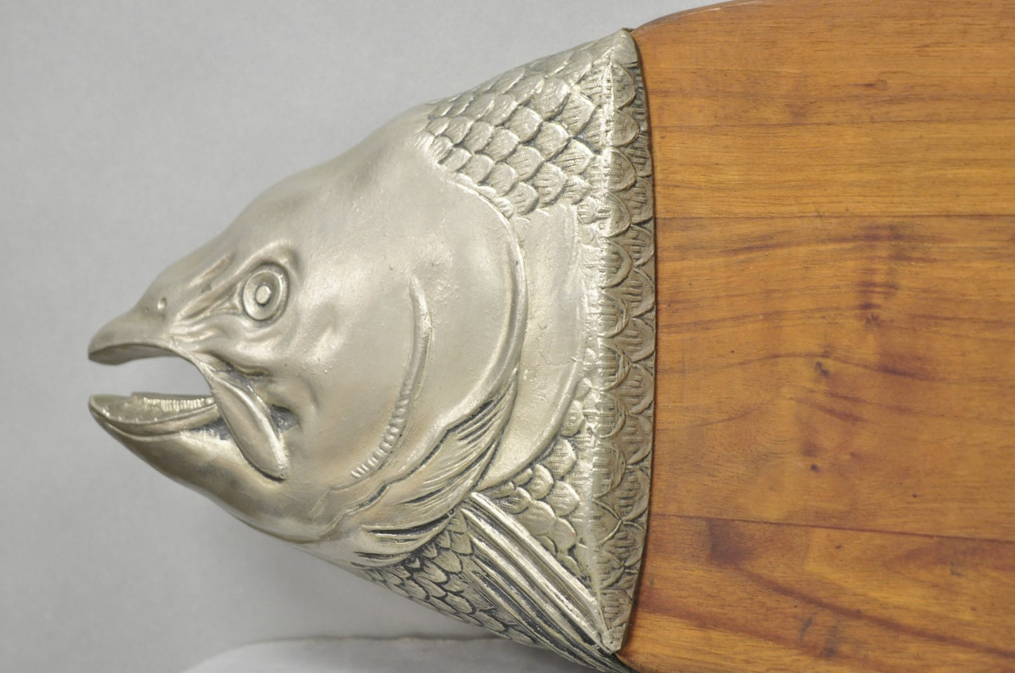 Vintage Mid Century Modern Teak Wood & Metal Fish Serving Platter Cutting Board