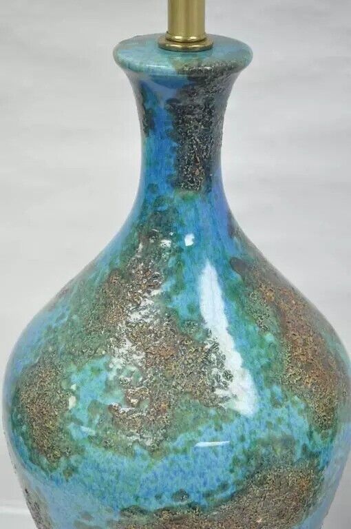 Mid Century Italian Modern Blue Glazed Ceramic Pottery "Earth" Table Lamp - Pair
