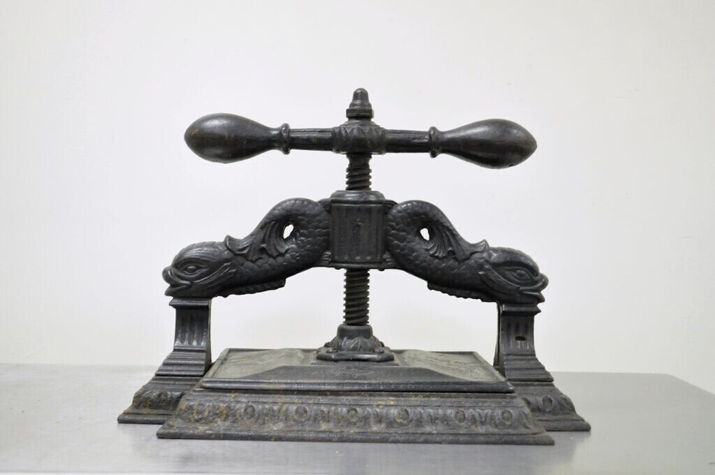 Antique 19th C. Cast Iron Classical Figural Dolphin Victorian Book Press