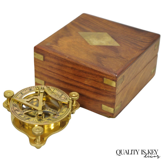 Vintage English Campaign Brass Round Sundial Compass with Small Rosewood Box