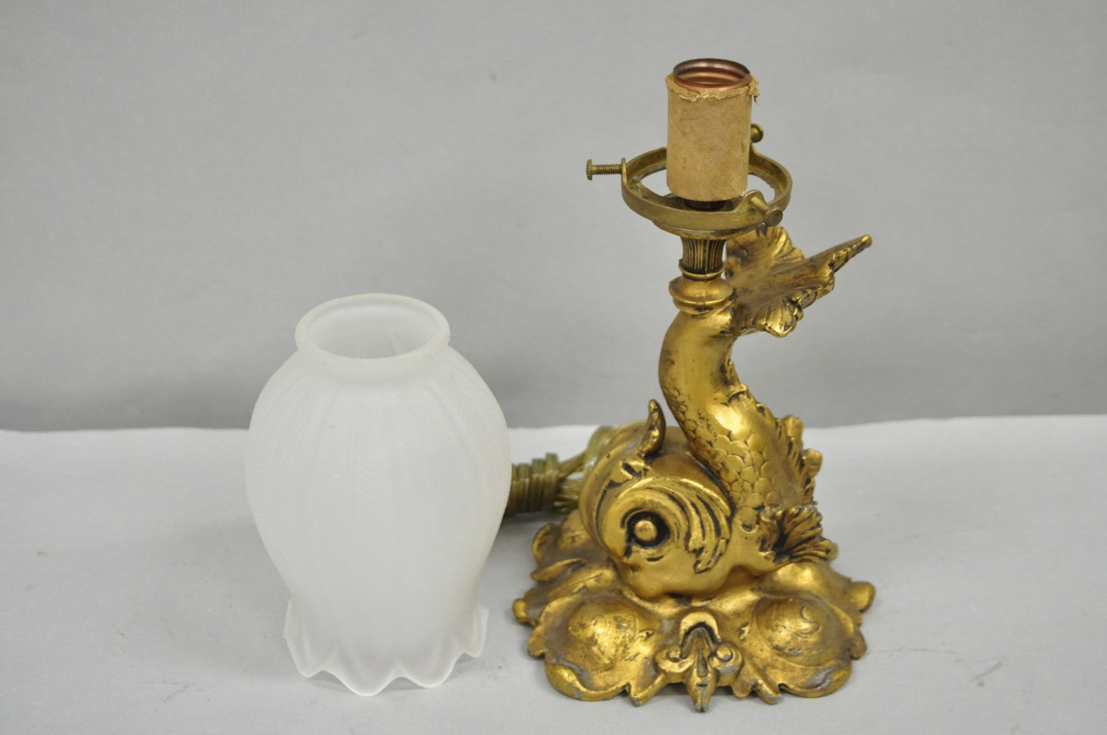 Antique French Art Nouveau Small Gold Gilt Metal Figural Dolphin Table Lamp
