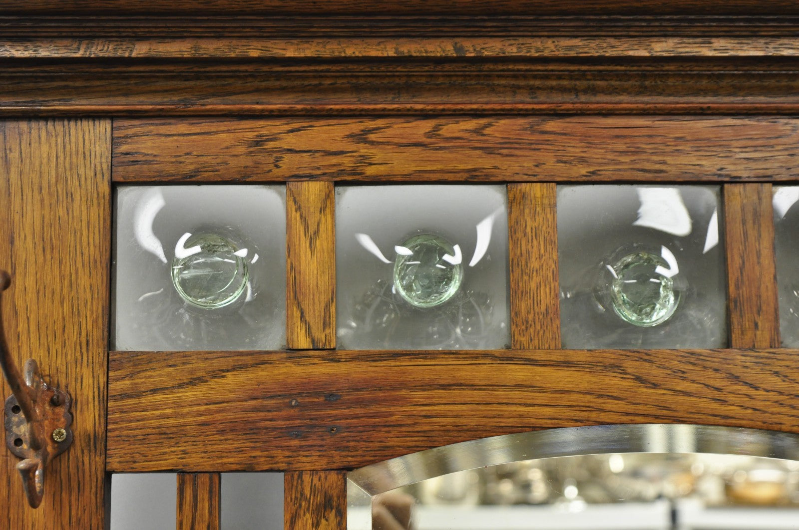 Antique English Art Nouveau Oak & Green Tile Coat Rack Umbrella Stand Hall Tree