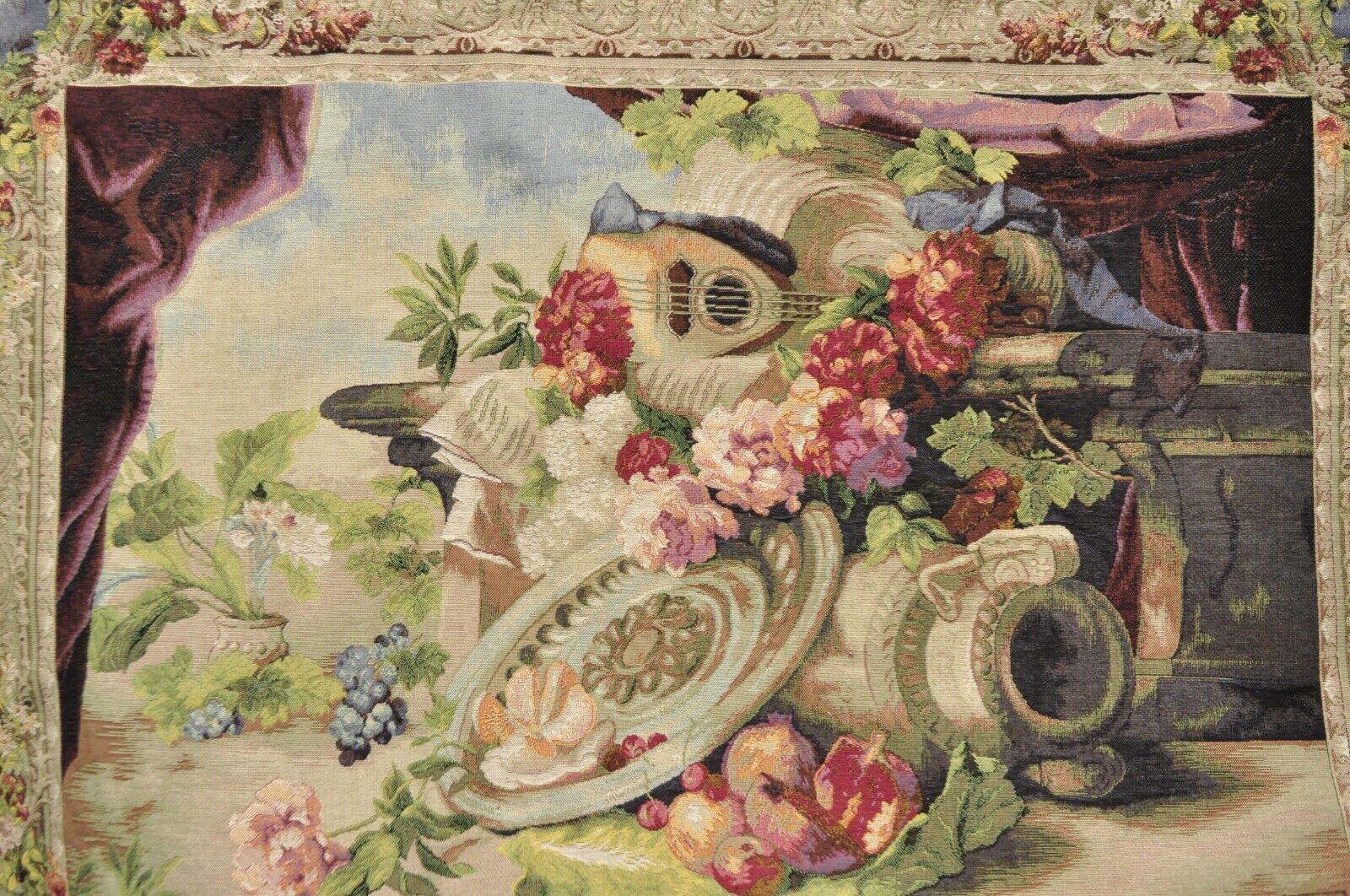 Jacquard Woven French Wall Tapestry Still Life Flowers & Mandolin by J&D