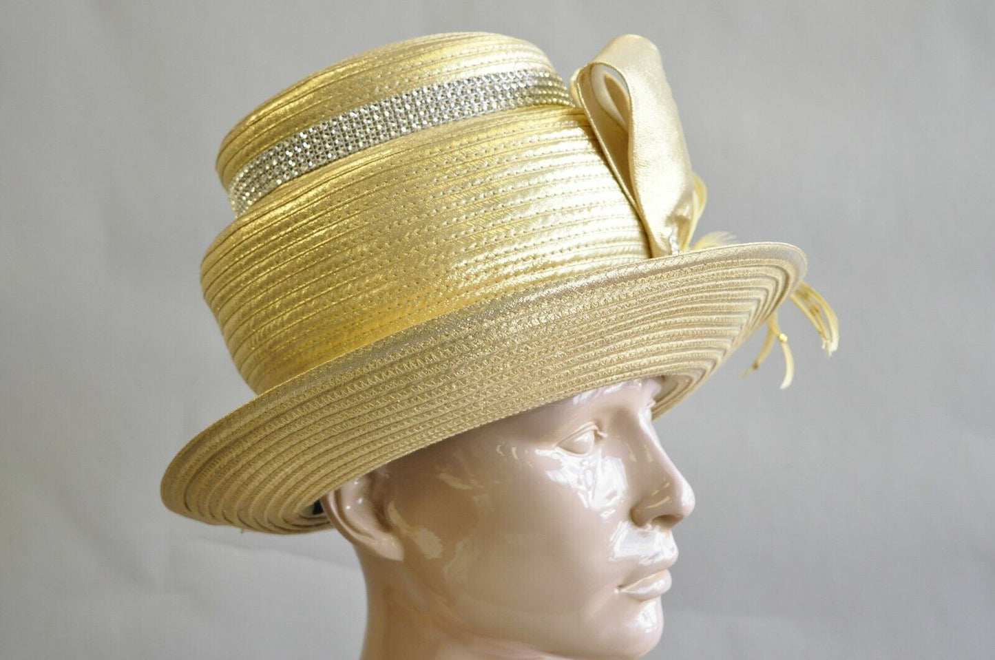 Vintage Whittall & Shon Metallic Gold Rhinestones 3 Tier Church Derby Crown Hat