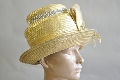 Vintage Whittall & Shon Metallic Gold Rhinestones 3 Tier Church Derby Crown Hat