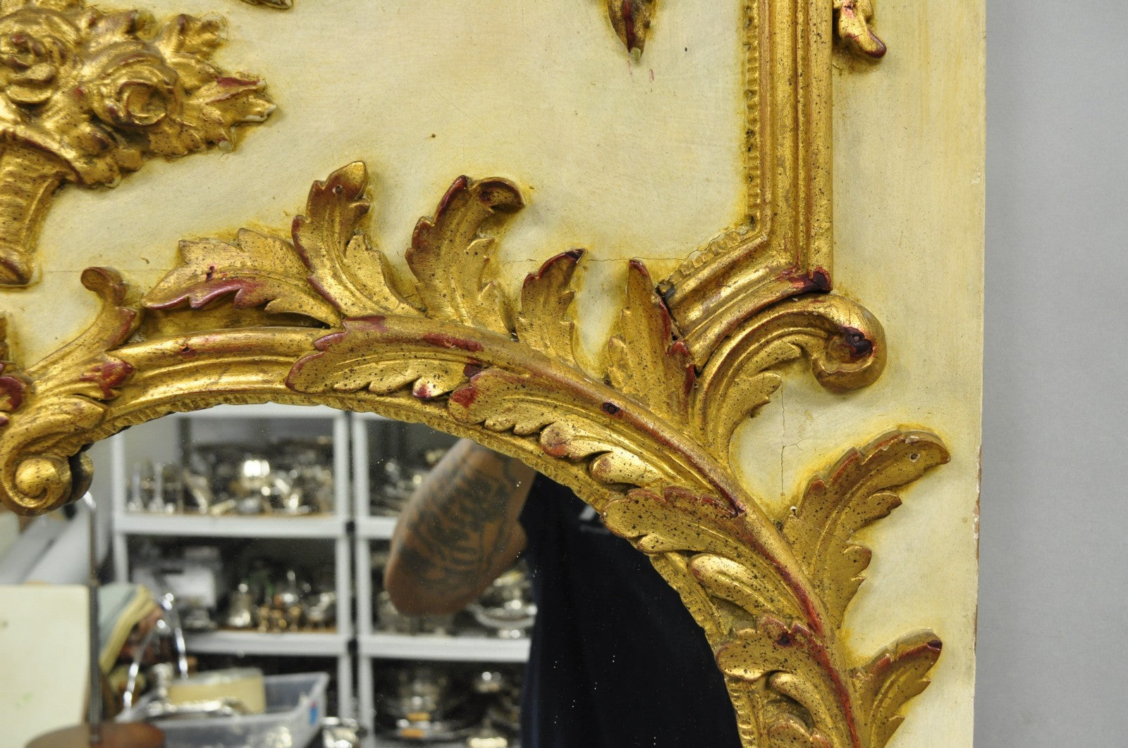 Antique French Louis XV Style Cream & Gold Gilt Drape Ribbon Trumeau Wall Mirror