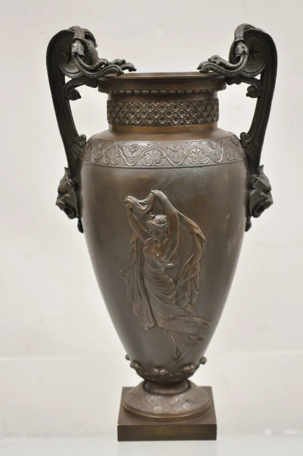 19th C Alfred Daubree French Neoclassical Bronze Figural Urn Vase with Lions