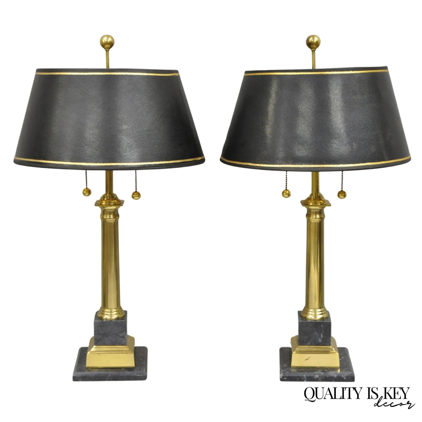 Vintage French Empire Brass & Italian Black Marble Column Table Lamps (B), Pair