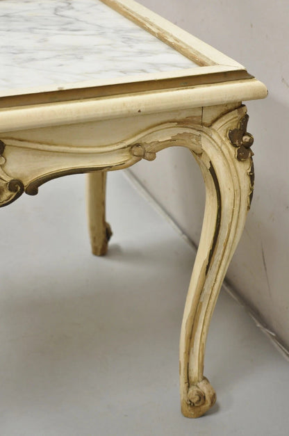 Vintage French Louis XV Style White Painted Marble Top Low Square Coffee Table
