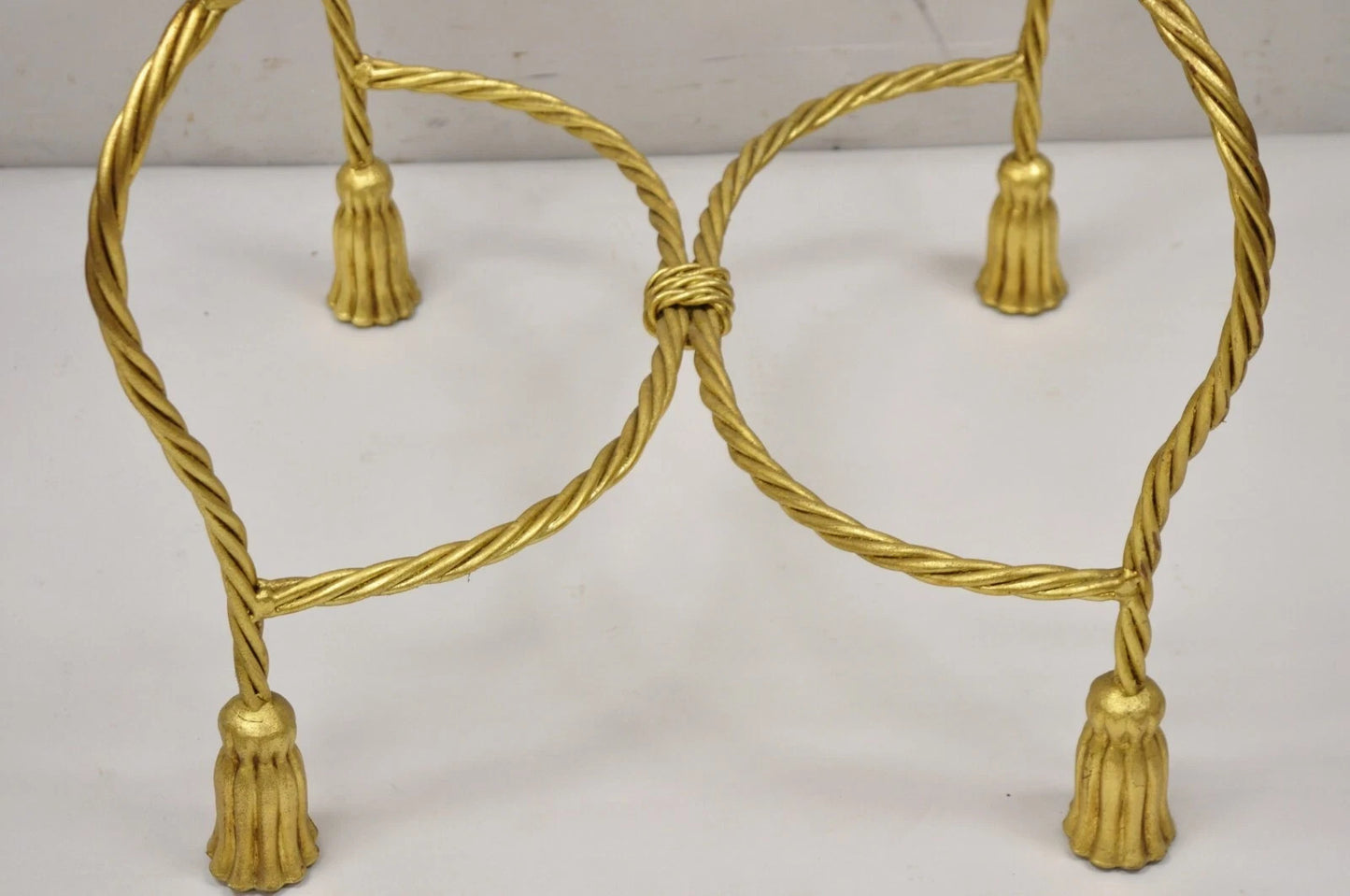 Vintage Italian Hollywood Regency Gold Gilt Iron Rope Tassel Vanity Bench Chair