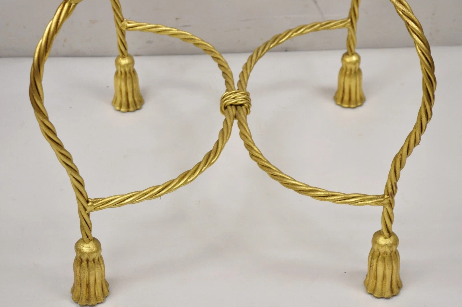 Vintage Italian Hollywood Regency Gold Gilt Iron Rope Tassel Vanity Bench Chair