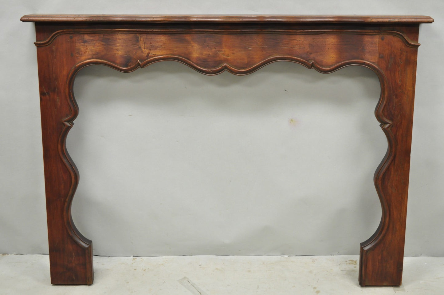 Antique Italian Provincial Carved Serpentine Scalloped Walnut Fireplace Mantel