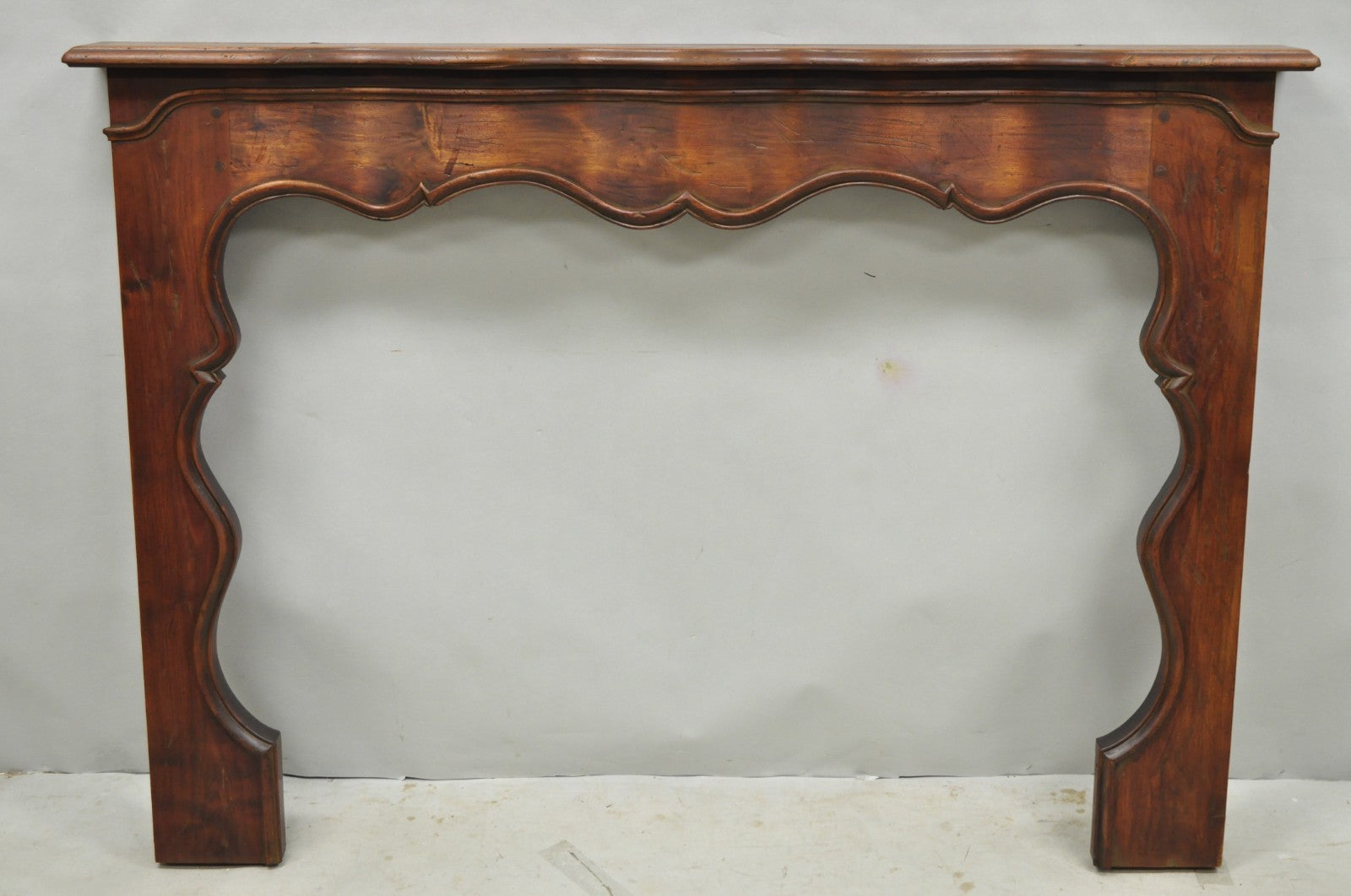 Antique Italian Provincial Carved Serpentine Scalloped Walnut Fireplace Mantel