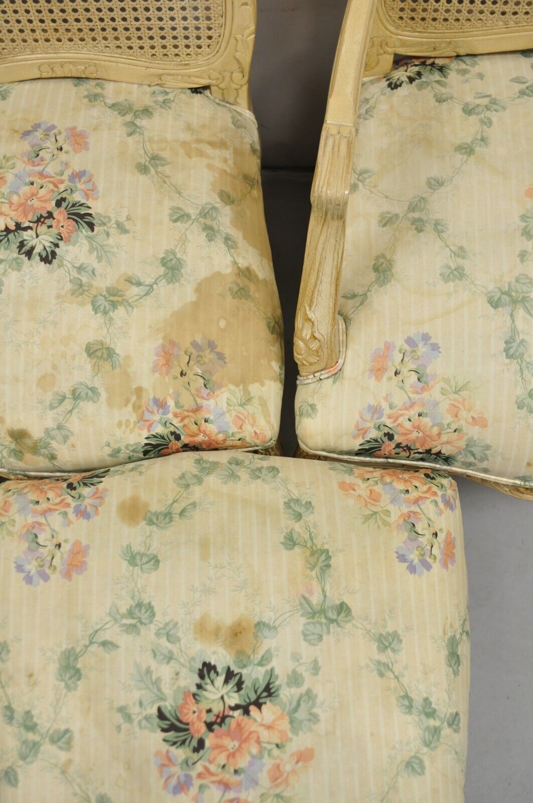 Vintage French Louis XV Provincial Style Cane Back Cream Dining Chairs- Set of 6