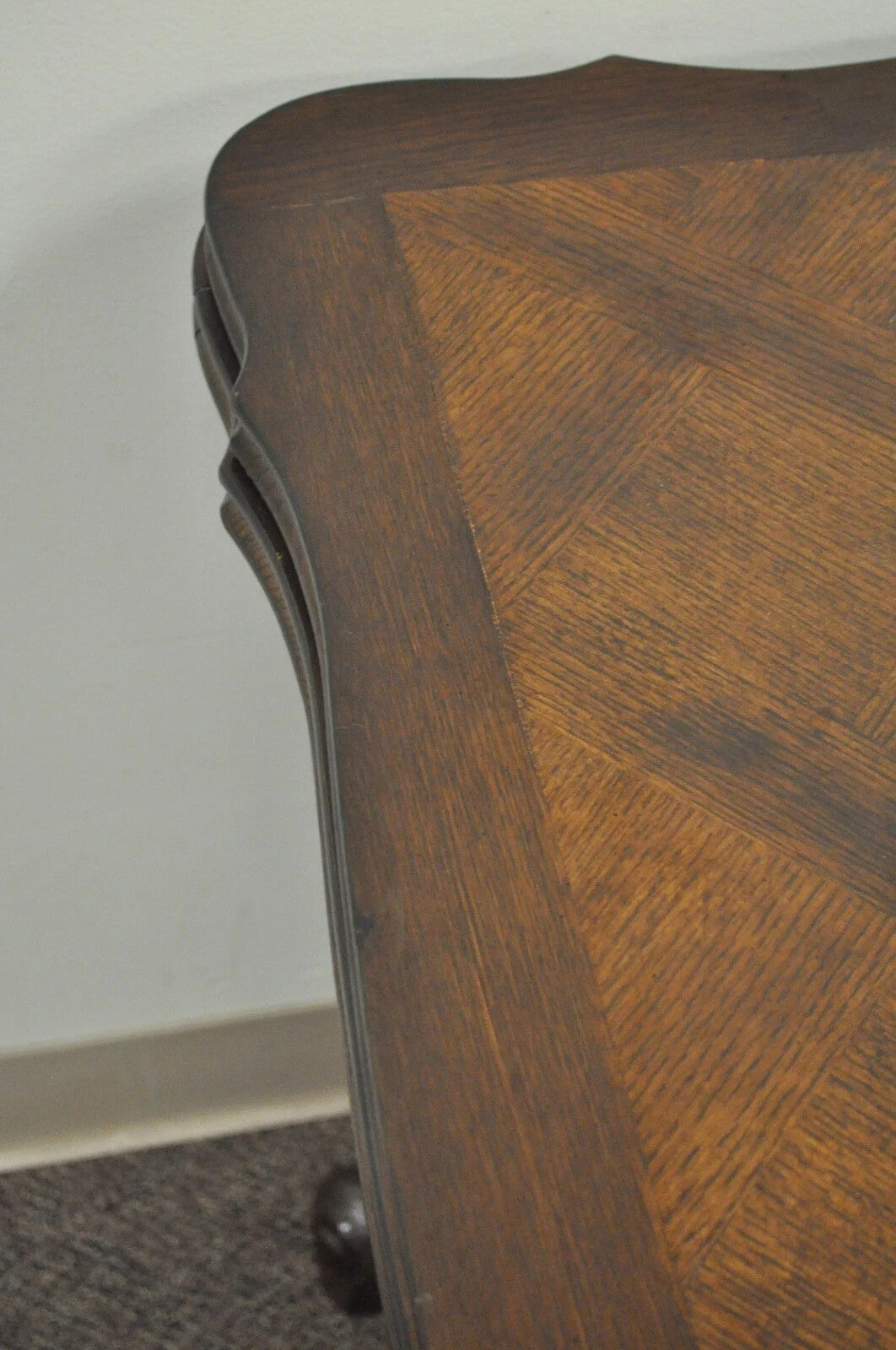 Vintage French Country Oak Parquetry Inlay Refectory Extension Leaf Dining Table