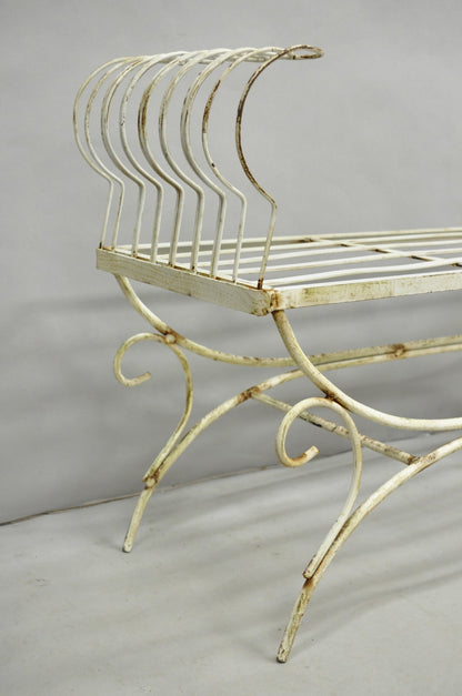 Vintage Hollywood Regency White Wrought Iron Curule X Frame Window Bench