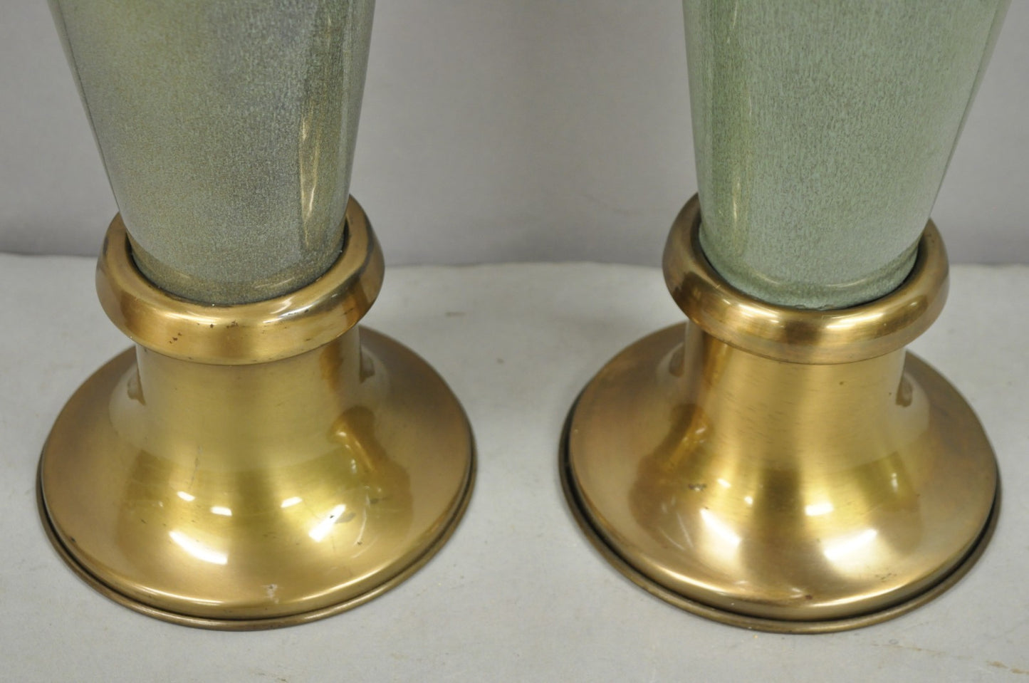 Vintage Mid Century Modern Celadon Green Porcelain Sinuous Urn Table Lamp - Pair
