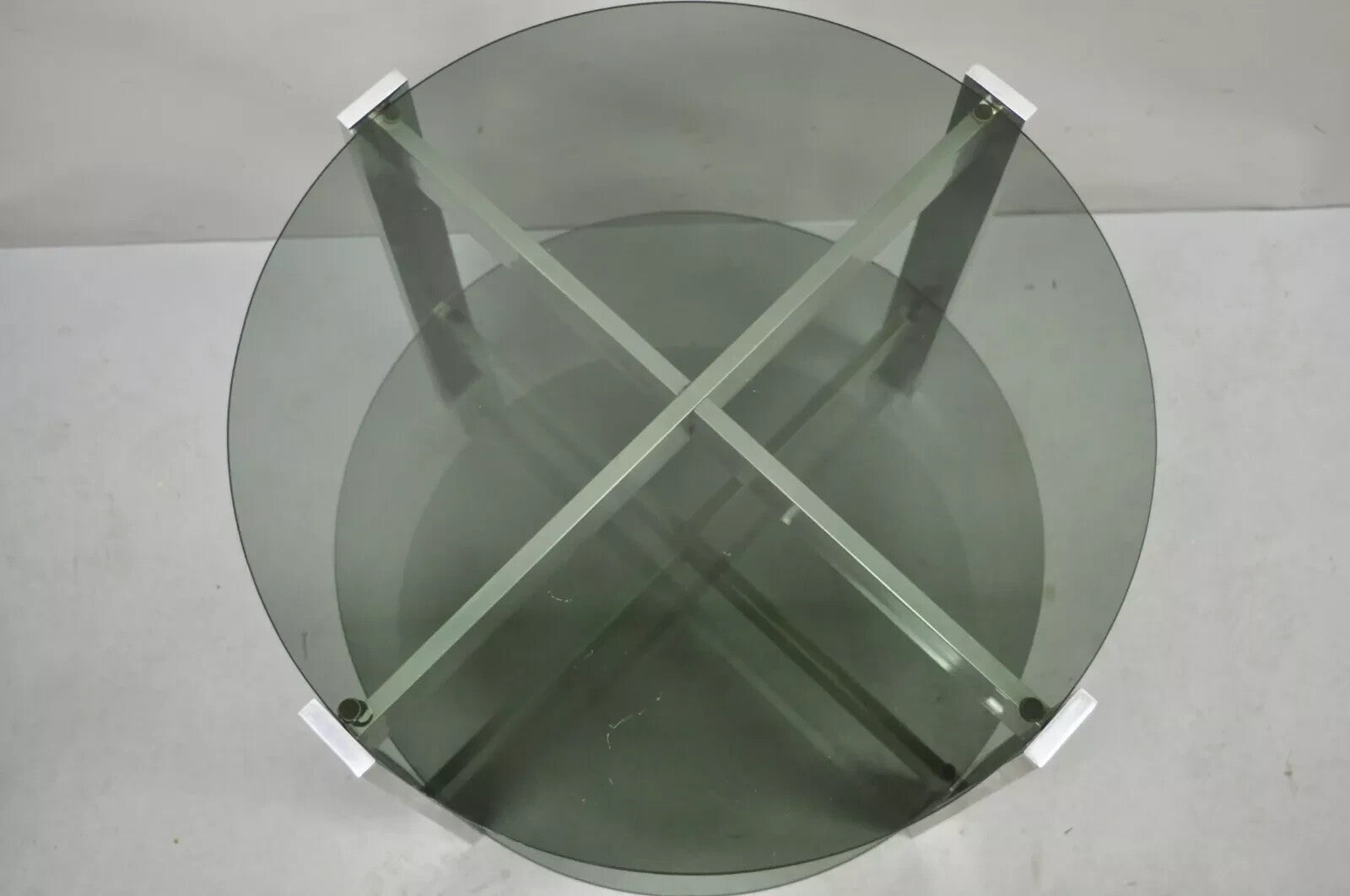 Vintage Mid Century Modern Round Smoked Glass 2 Tier Aluminum Base Side Table