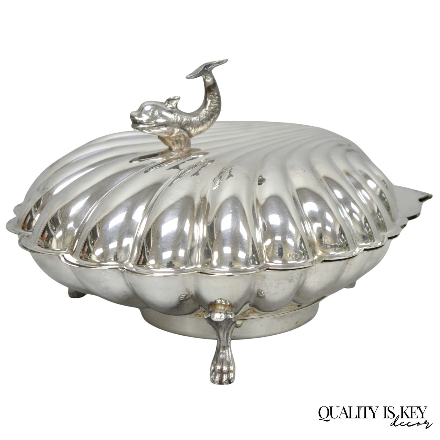 Vintage Eaton Silver Co Regency Silver Plated Clam Shell Warmer w Dolphin Handle