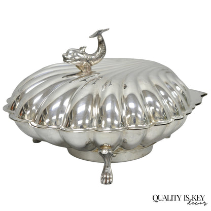 Vintage Eaton Silver Co Regency Silver Plated Clam Shell Warmer w Dolphin Handle