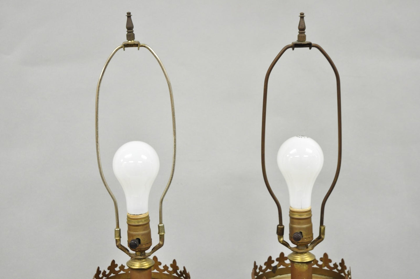 Antique English Renaissance Gothic Patinated Brass Candlestick Table Lamps Pair