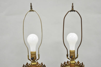 Antique English Renaissance Gothic Patinated Brass Candlestick Table Lamps Pair