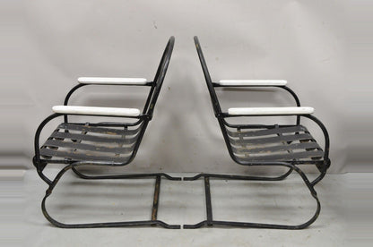 Pair Vintage Art Deco Black and White Steel Metal Slat Patio Bouncer Chairs