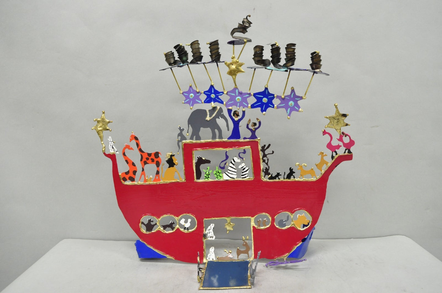 Modern Noah's Ark Cut Steel Judaica Art Hannukah Menorah Candelabra Sculpture