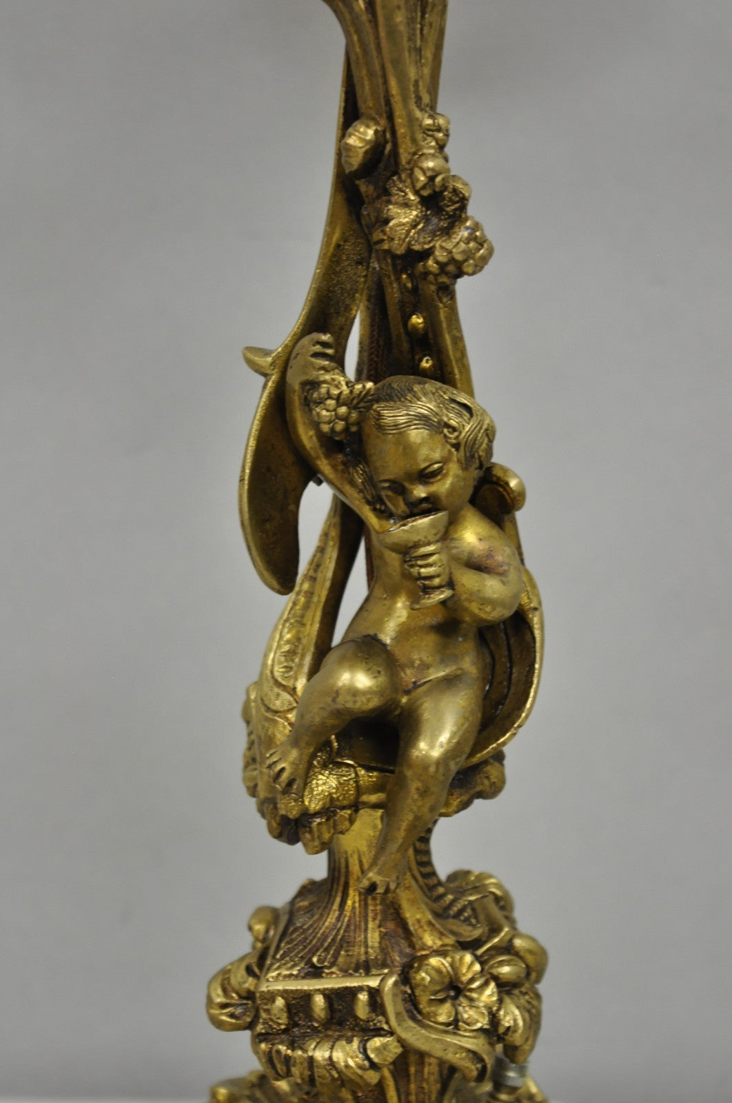 Vintage French Rococo Louis XV Brass Marble Figural Cherub Candelabra Table Lamp