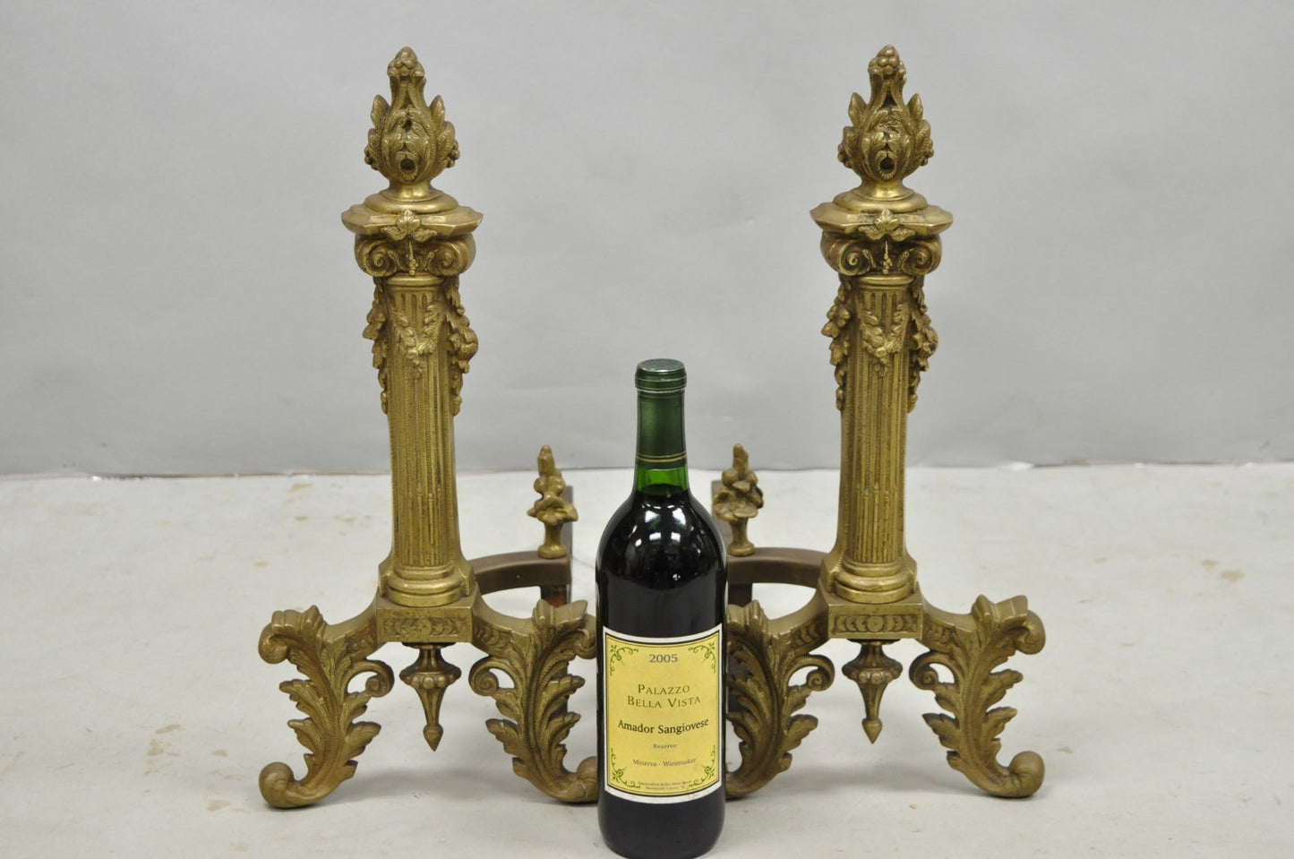 Antique French Empire Style Bronze Corinthian Column Fireplace Andirons - a Pair