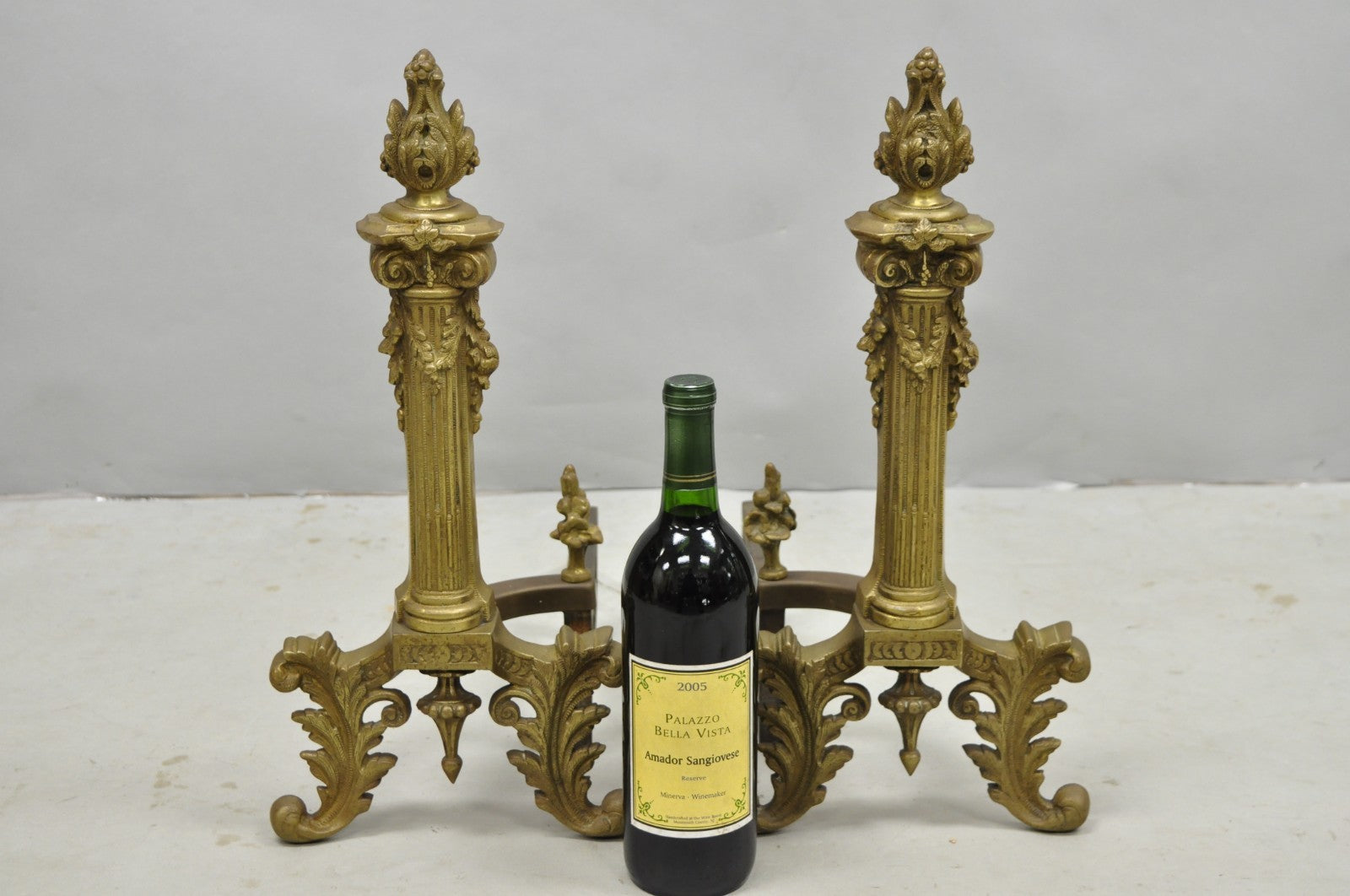 Antique French Empire Style Bronze Corinthian Column Fireplace Andirons - a Pair