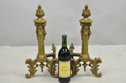 Antique French Empire Style Bronze Corinthian Column Fireplace Andirons - a Pair