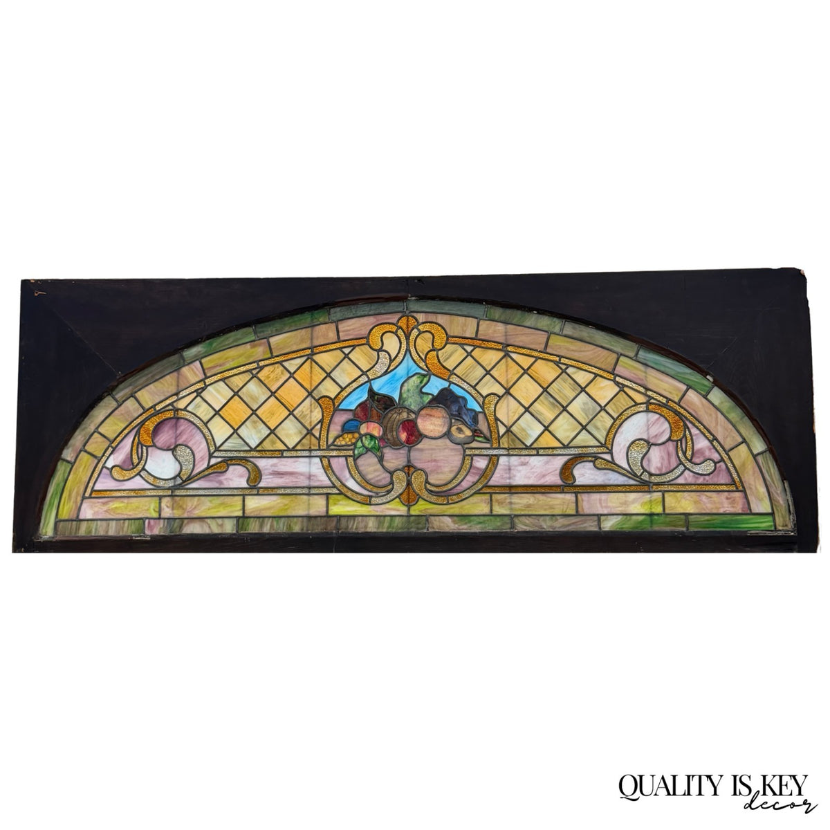 Antique Art Nouveau Colored Stained Glass Fruit 27 x 75 Arched Transom Window, A
