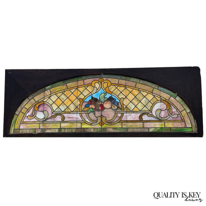 Antique Art Nouveau Colored Stained Glass Fruit 27 x 75 Arched Transom Window, A