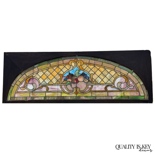 Antique Art Nouveau Colored Stained Glass Fruit 27 x 75 Arched Transom Window, A