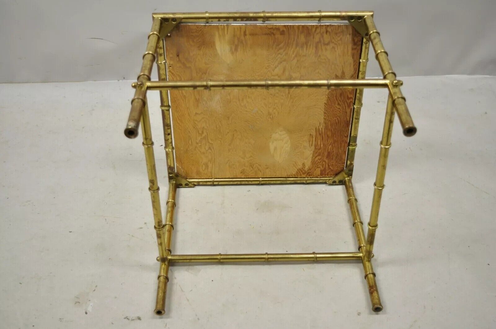 Italian Hollywood Regency Faux Bamboo Brass Tole Metal Low Square Side Table