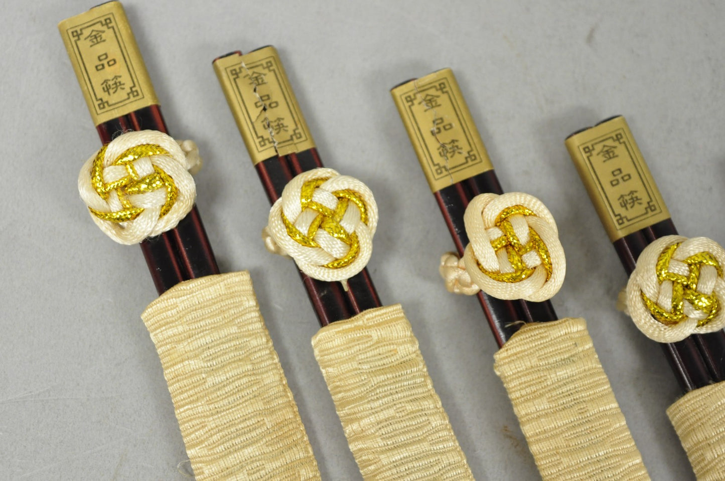 Vintage Japanese Oriental Chopsticks in Custom Silk Gold Sleeves - 6 Pc Set