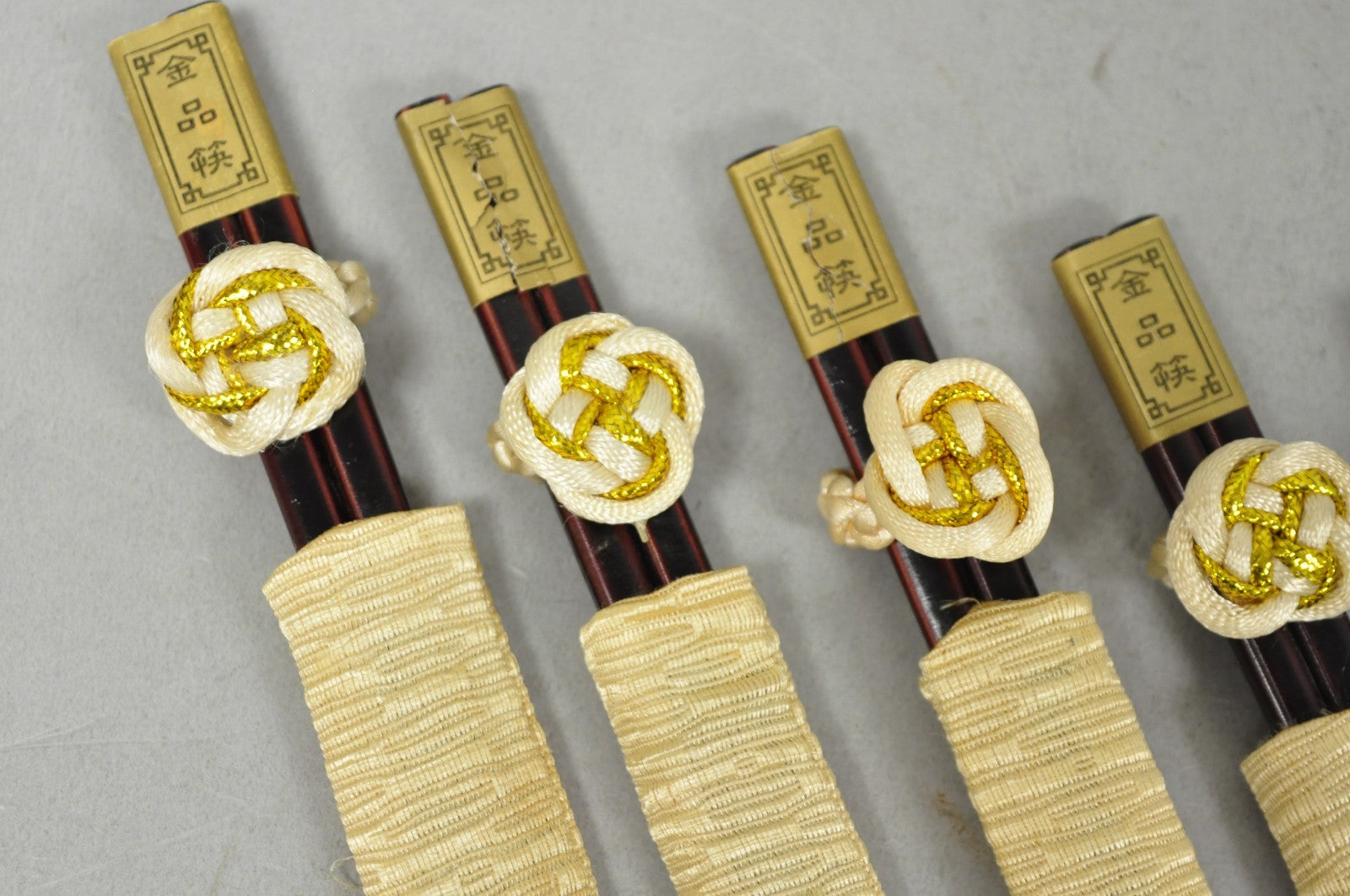 Vintage Japanese Oriental Chopsticks in Custom Silk Gold Sleeves - 6 Pc Set